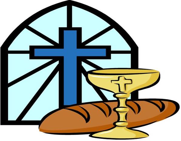 Communion bread and cup with cross stained glass window